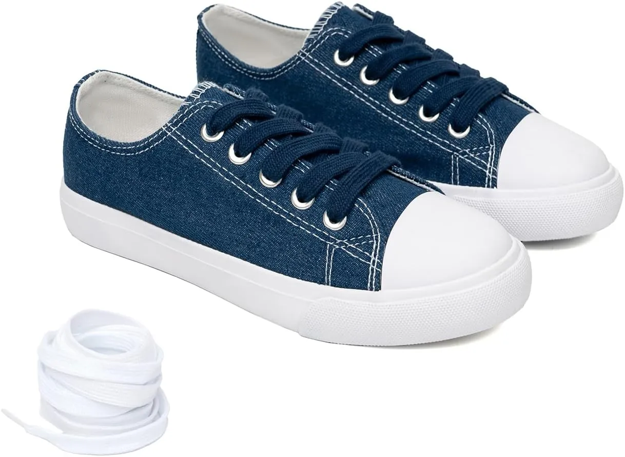 Classic Unisex Low-Top Canvas Sneakers ?C Boys Girls and Toddler Casual Lace-Up Shoes with Rubber Sole, Includes Extra White Shoelaces