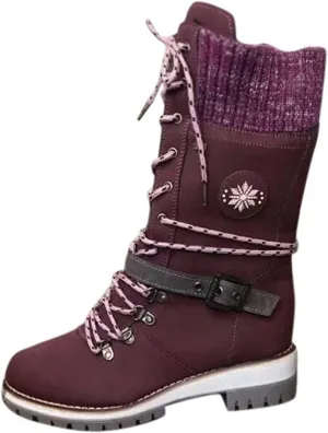 Combat Boots Womens Wide Calf Knee High Boots for Women Belt Buckle Woolen Mouth Square Heel Lace-Up Mid Calf Boots