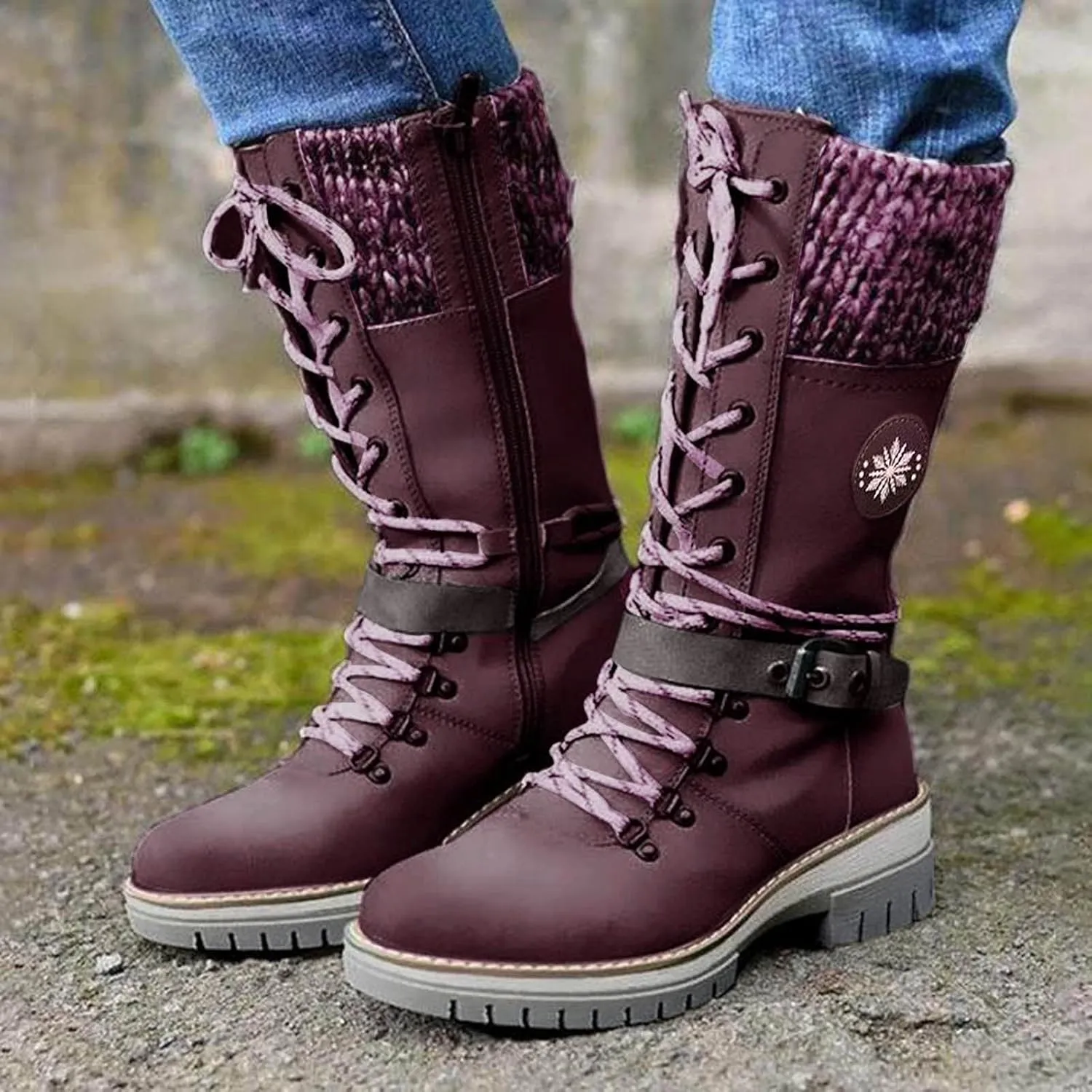 Combat Boots Womens Wide Calf Knee High Boots for Women Belt Buckle Woolen Mouth Square Heel Lace-Up Mid Calf Boots