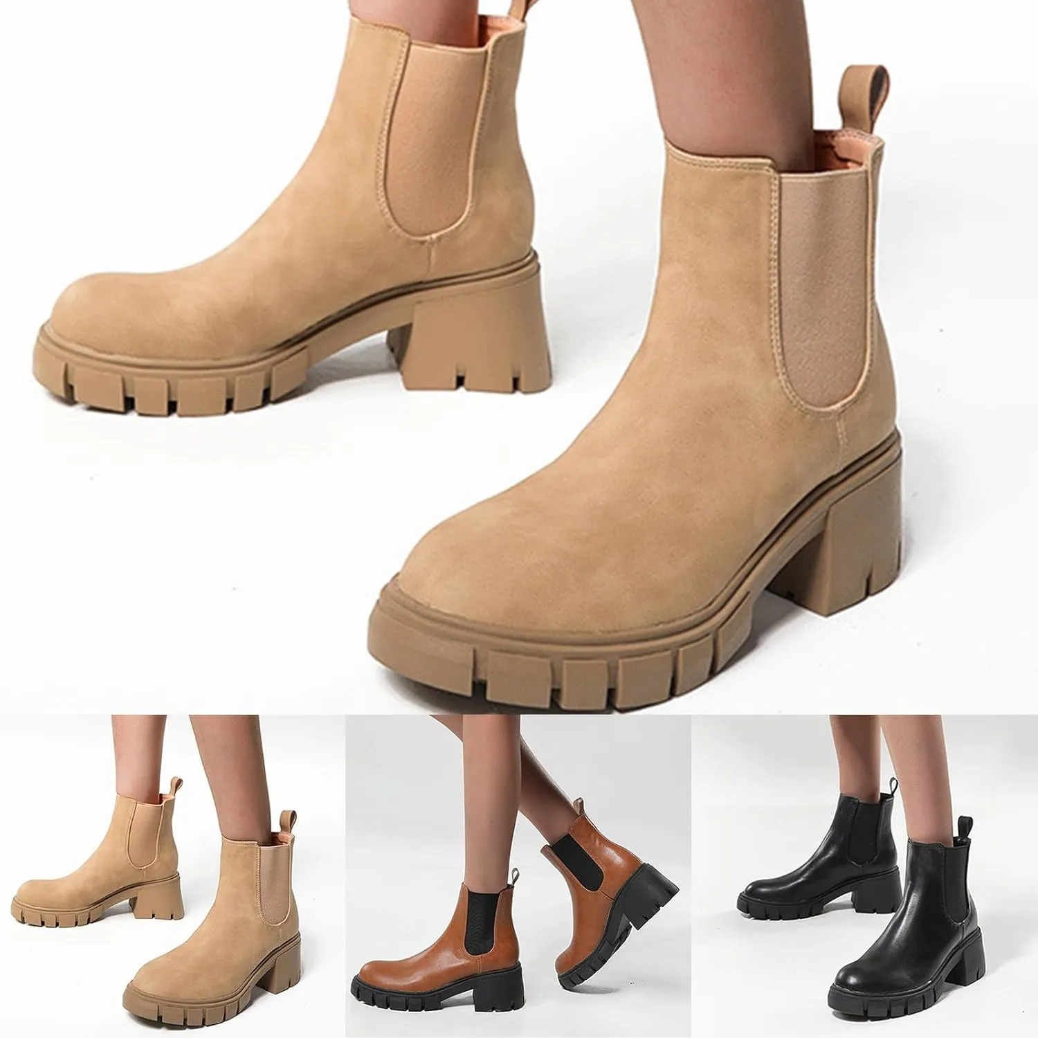 Combat Women Ankle Boots Fashion Women Boots Thick Heel Boots for Women Autumn And Winter Round Toe Slip on Boots