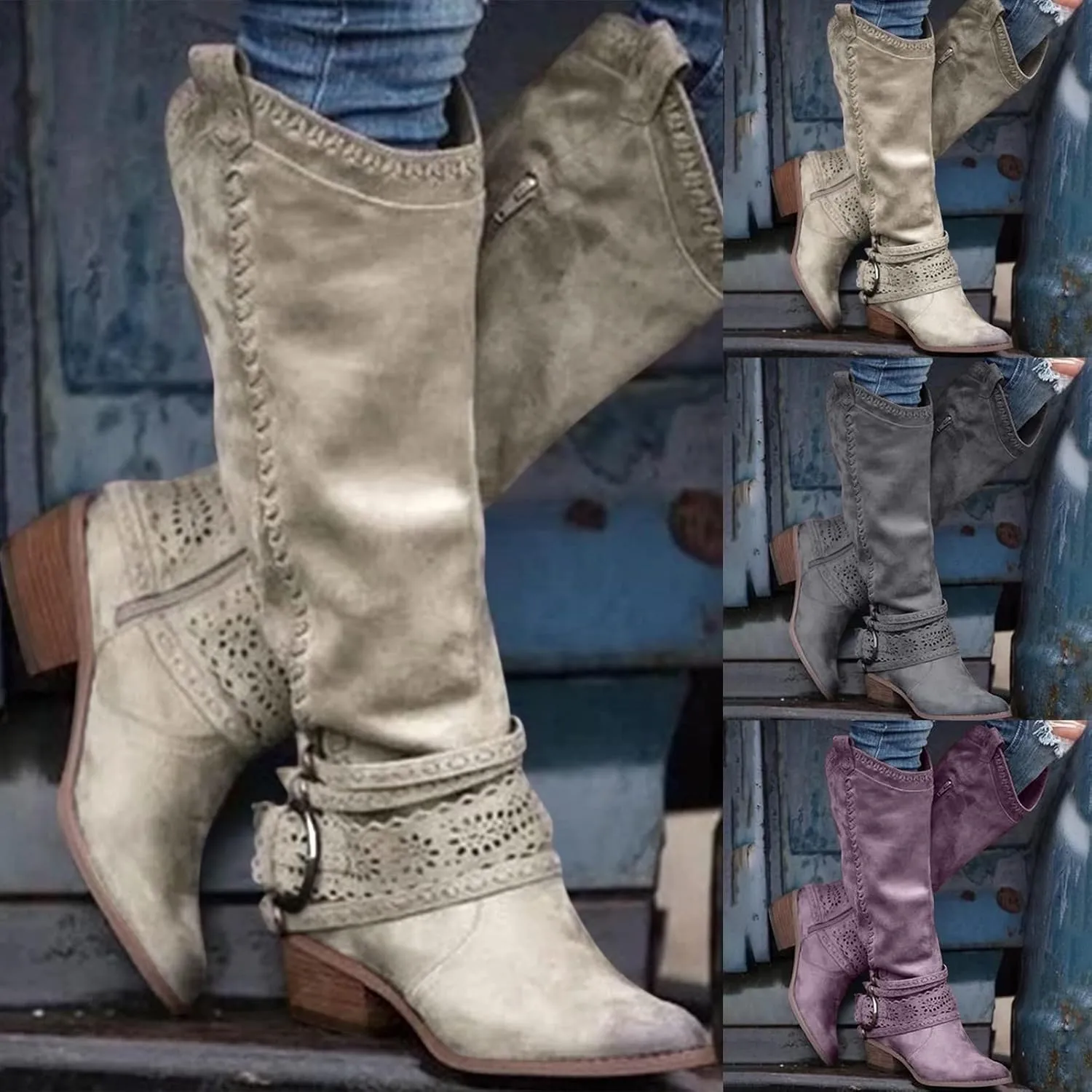 Cowboy Boots for Women Cowboy Boots For Women Wide Calf Buckle Mid-Calf Knee High Cowboy Boots Women Cowboy Boots