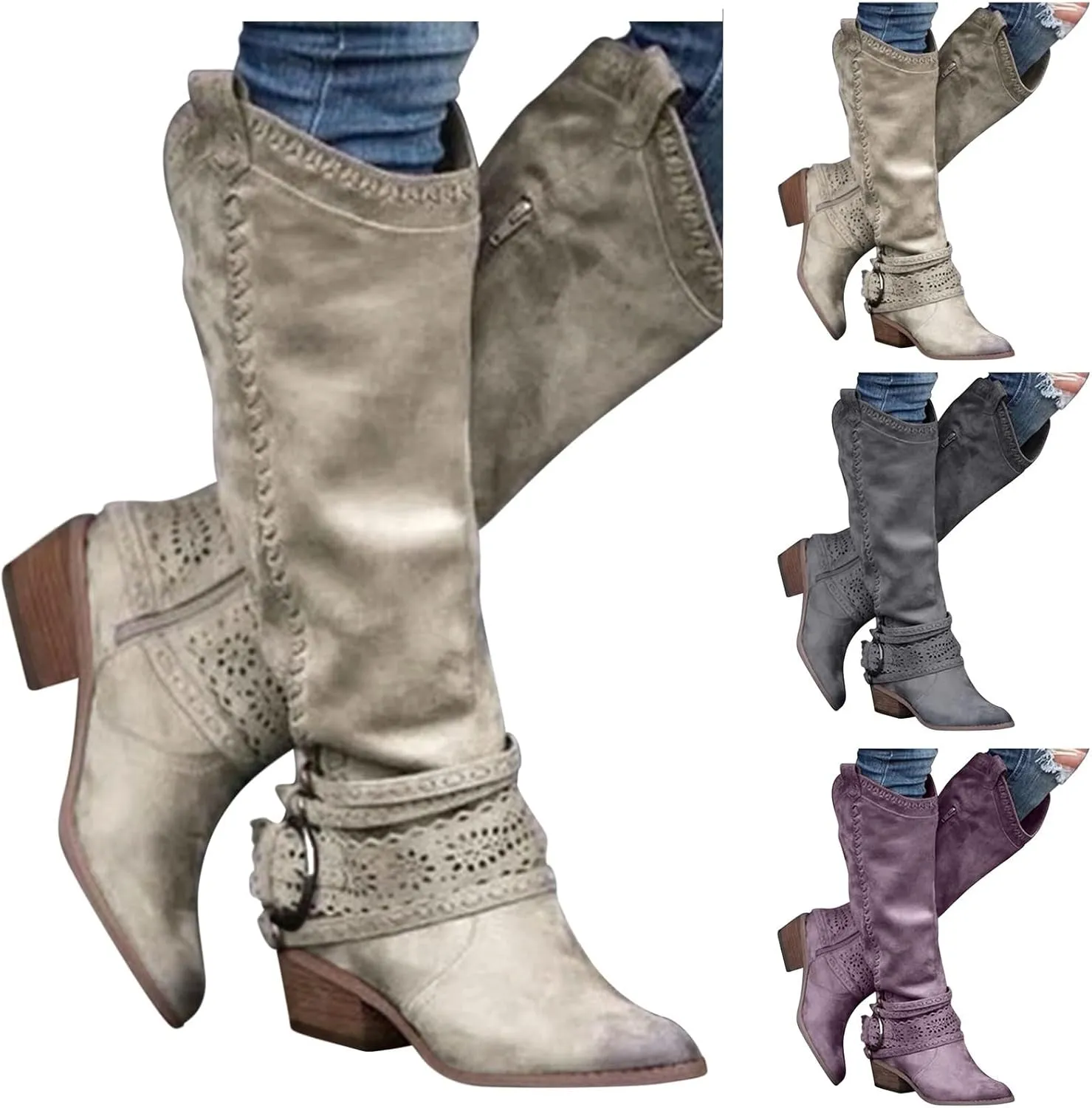 Cowboy Boots for Women Cowboy Boots For Women Wide Calf Buckle Mid-Calf Knee High Cowboy Boots Women Cowboy Boots