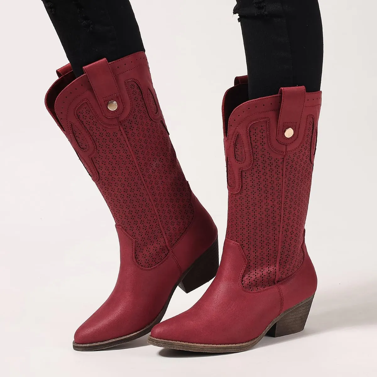 Cowboy Boots for Women Cowgirl Western Boots Pointed Toe Low Heel Girls Ladies Chunky Heeled Wide Calf Boot for Casual Dressy