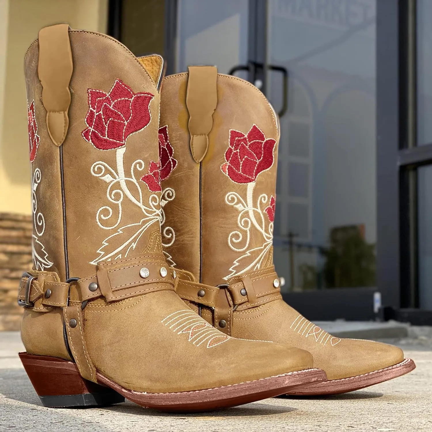 Cowboy Boots for Women Mid Calf Western Boots Sunflower Embroidery Square Toe Low Heel Buckle Belt Brown Yellow