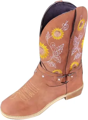 Cowboy Boots for Women Mid Calf Western Boots Sunflower Embroidery Square Toe Low Heel Buckle Belt Brown Yellow