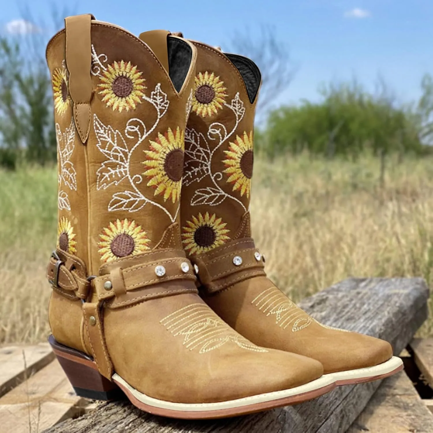 Cowboy Boots for Women Mid Calf Western Boots Sunflower Embroidery Square Toe Low Heel Buckle Belt Brown Yellow