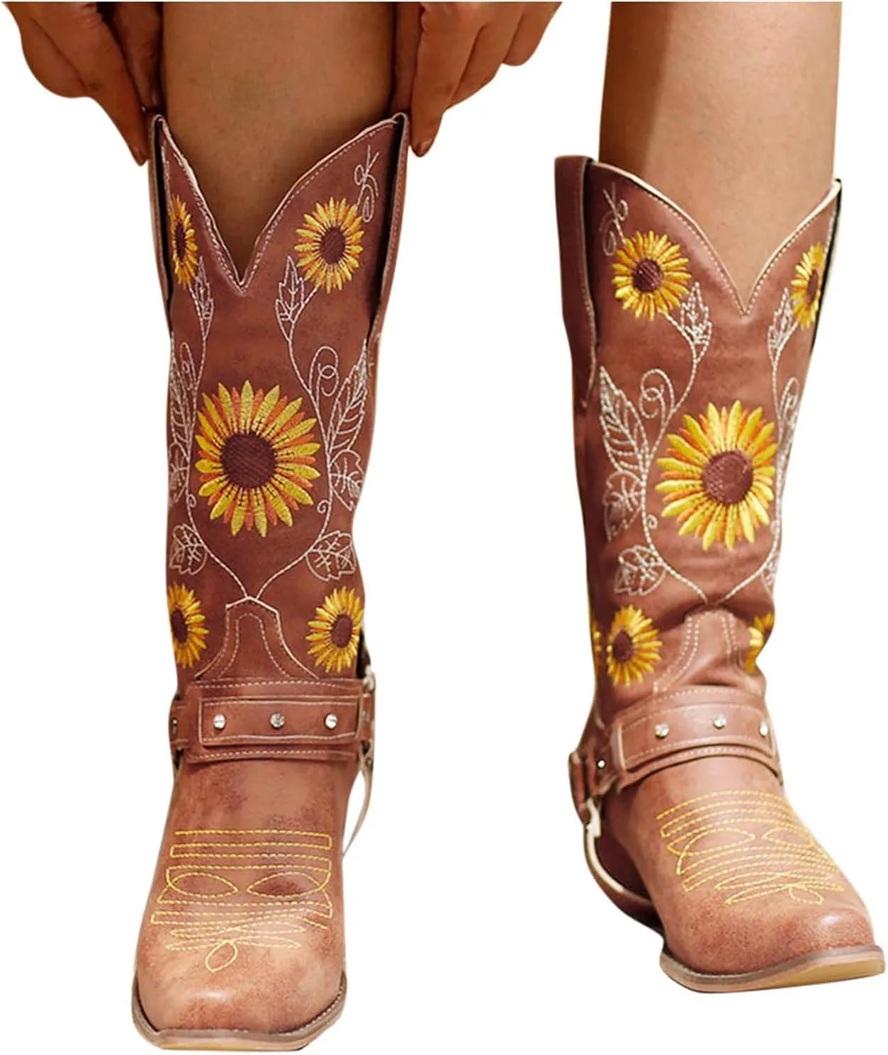 Cowboy Boots for Women Mid Calf Western Boots Sunflower Embroidery Square Toe Low Heel Buckle Belt Brown Yellow