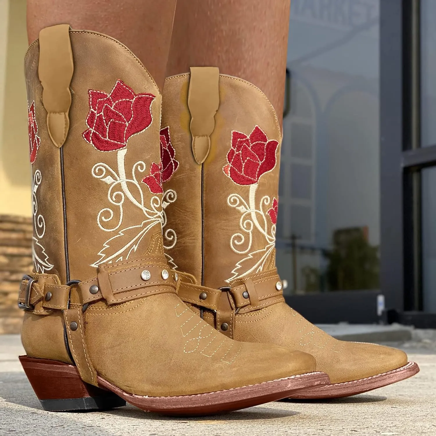 Cowboy Boots for Women Mid Calf Western Boots Sunflower Embroidery Square Toe Low Heel Buckle Belt Brown Yellow