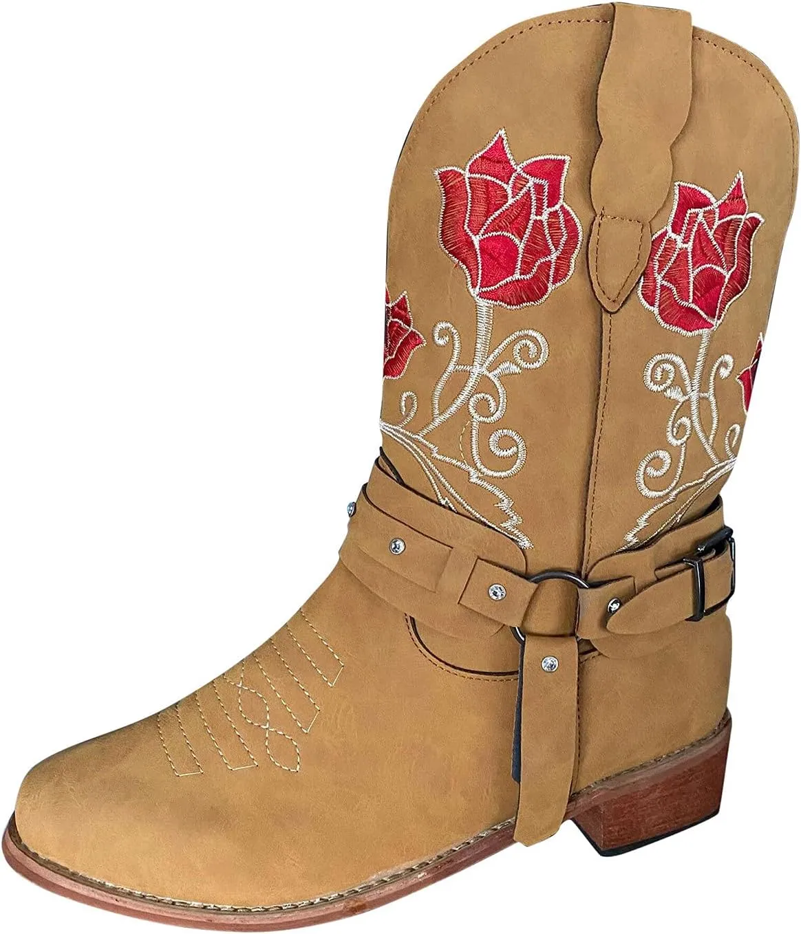 Cowboy Boots for Women Mid Calf Western Boots Sunflower Embroidery Square Toe Low Heel Buckle Belt Brown Yellow