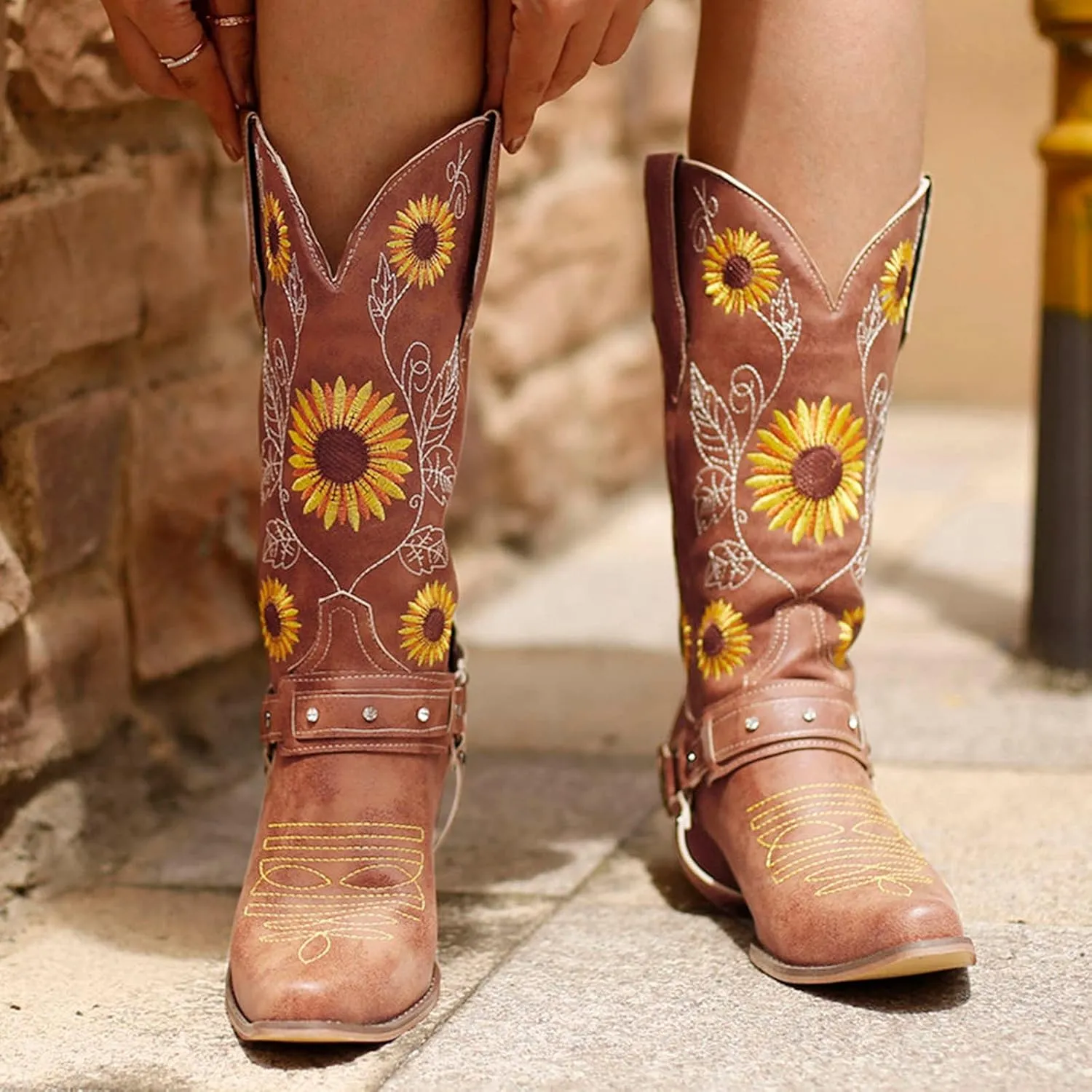 Cowboy Boots for Women Mid Calf Western Boots Sunflower Embroidery Square Toe Low Heel Buckle Belt Brown Yellow