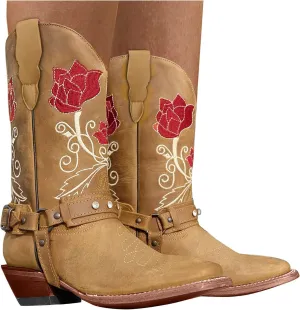 Cowboy Boots for Women Mid Calf Western Boots Sunflower Embroidery Square Toe Low Heel Buckle Belt Brown Yellow
