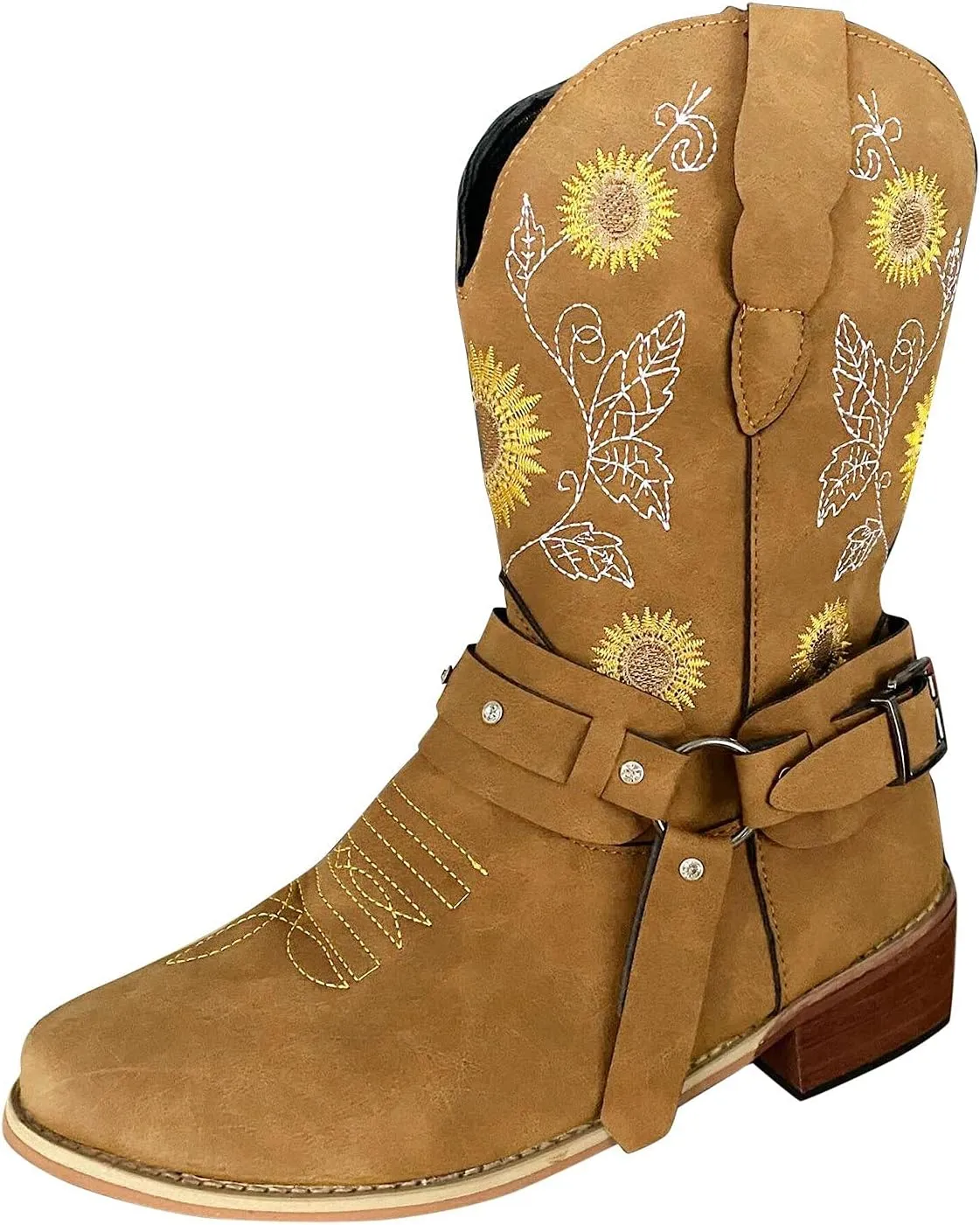 Cowboy Boots for Women Mid Calf Western Boots Sunflower Embroidery Square Toe Low Heel Buckle Belt Brown Yellow
