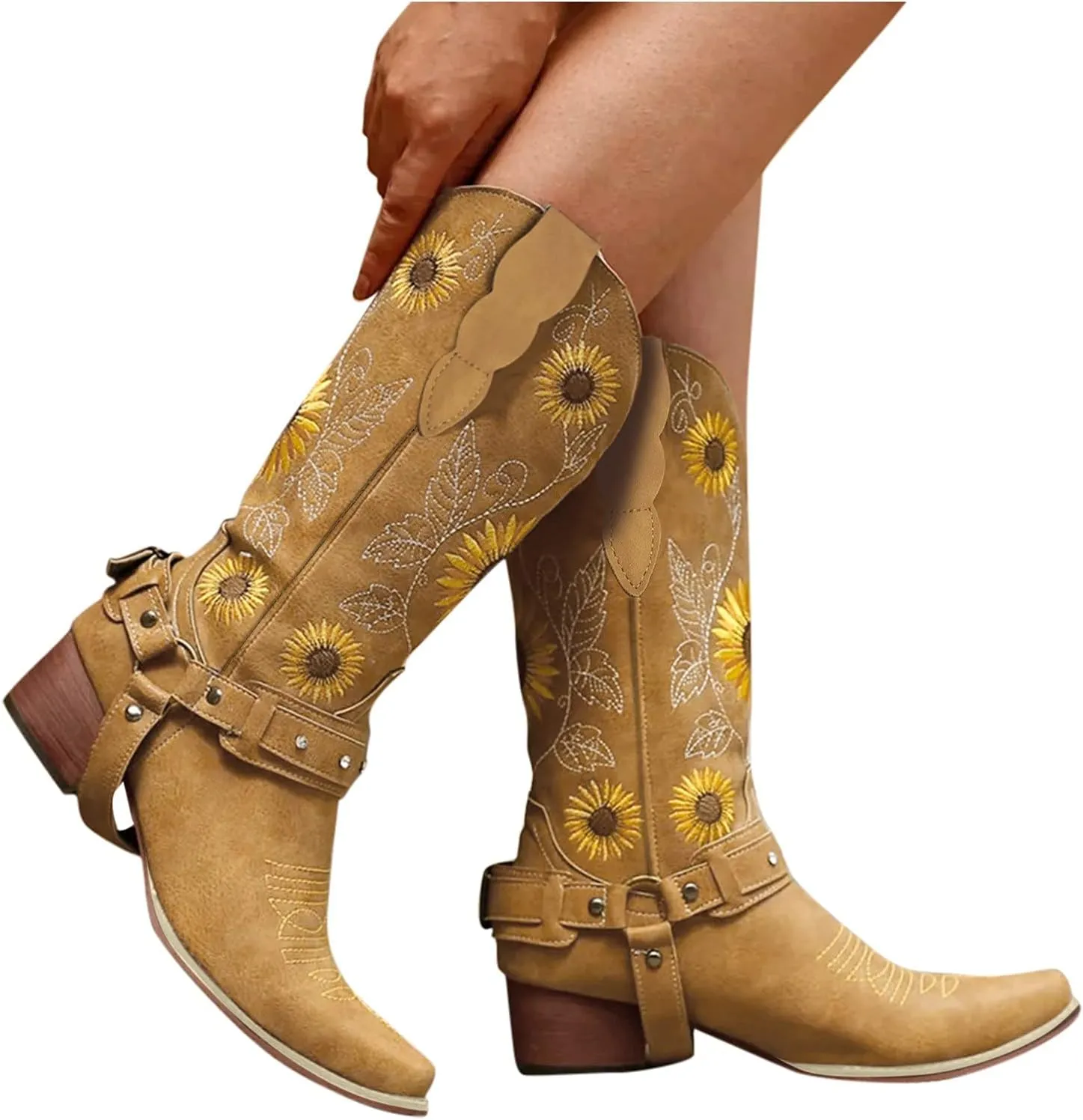 Cowboy Boots for Women Mid Calf Western Boots Sunflower Embroidery Square Toe Low Heel Buckle Belt Brown Yellow