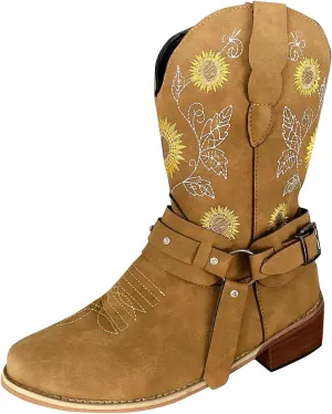 Cowboy Boots for Women Mid Calf Western Boots Sunflower Embroidery Square Toe Low Heel Buckle Belt Brown Yellow
