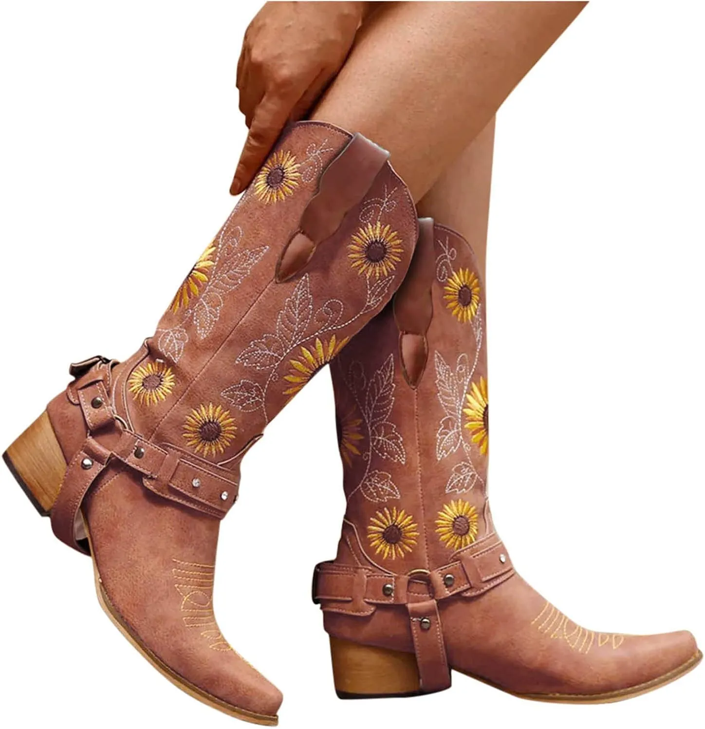 Cowboy Boots for Women Mid Calf Western Boots Sunflower Embroidery Square Toe Low Heel Buckle Belt Brown Yellow