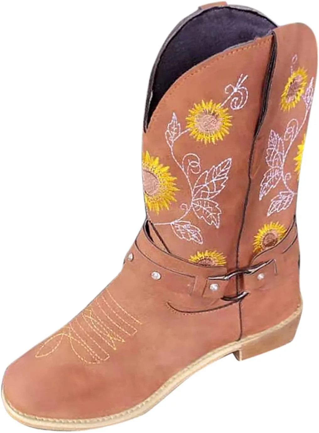 Cowboy Boots for Women Mid Calf Western Boots Sunflower Embroidery Square Toe Low Heel Buckle Belt Brown Yellow