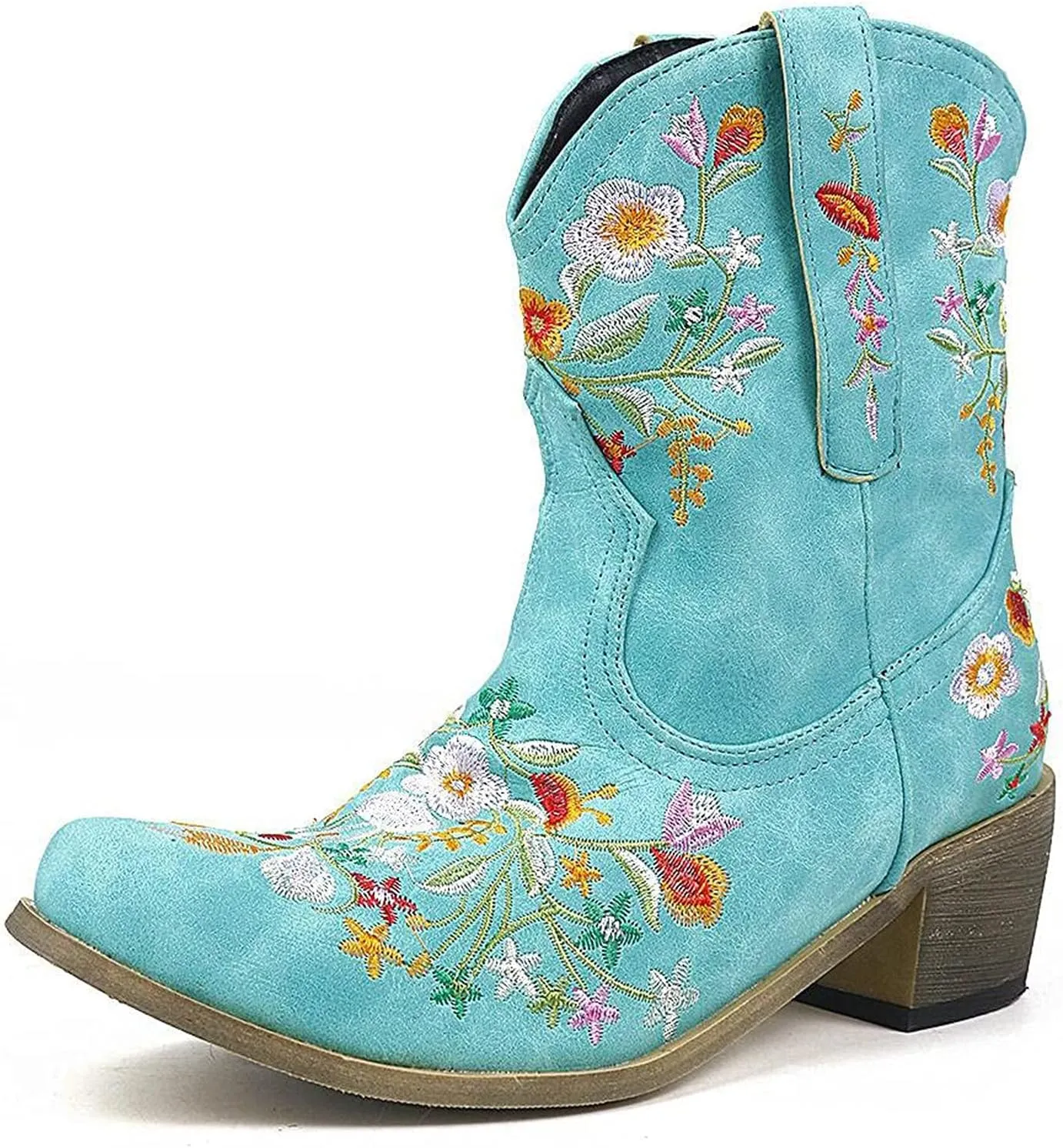 Cowboy Boots for Women Vintage Western Cowgirl Boots Chunky Heel Pull on Flower Embroidered Square Toe Short Boots