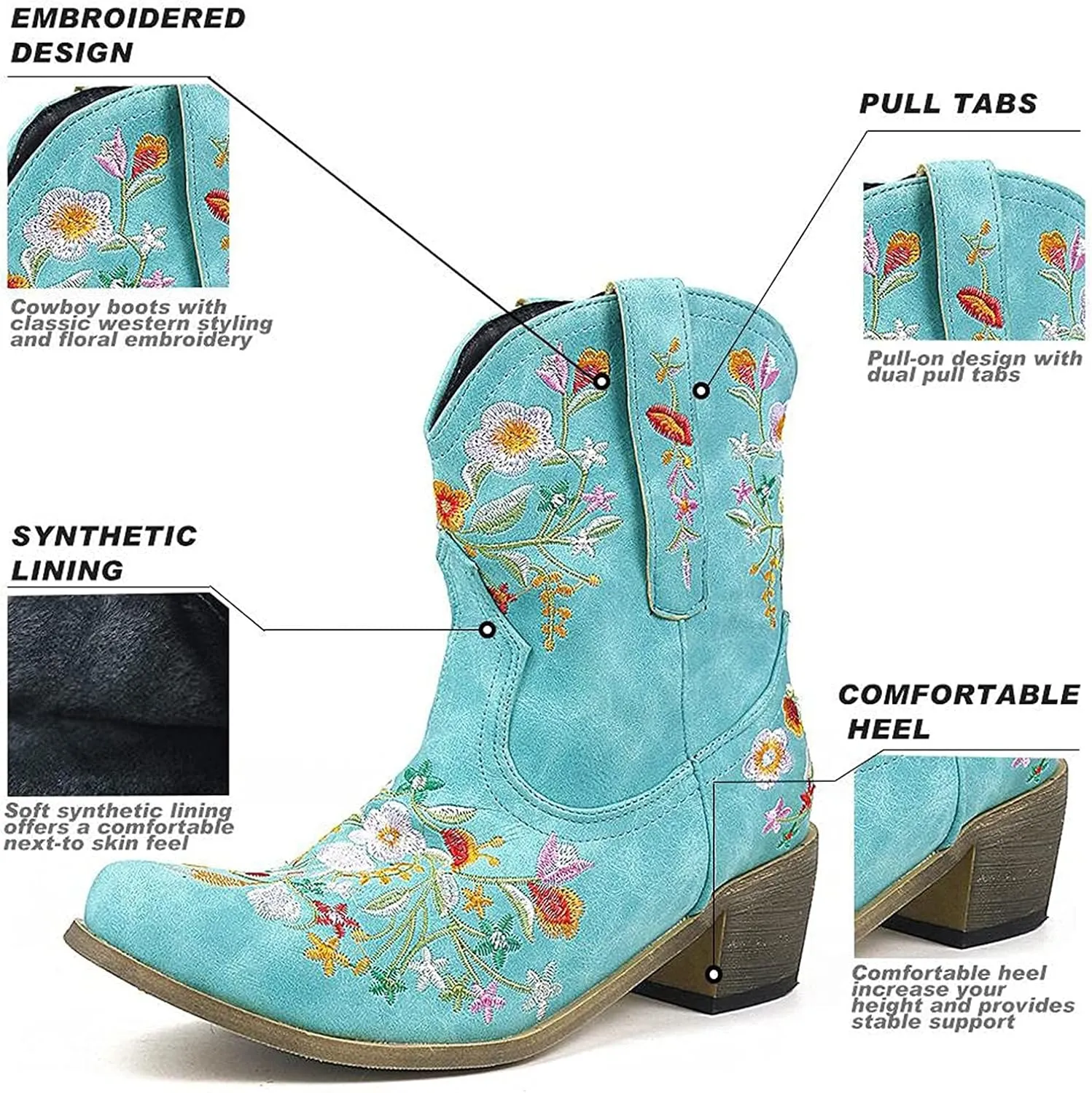 Cowboy Boots for Women Vintage Western Cowgirl Boots Chunky Heel Pull on Flower Embroidered Square Toe Short Boots