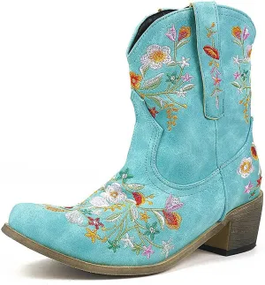 Cowboy Boots for Women Vintage Western Cowgirl Boots Chunky Heel Pull on Flower Embroidered Square Toe Short Boots