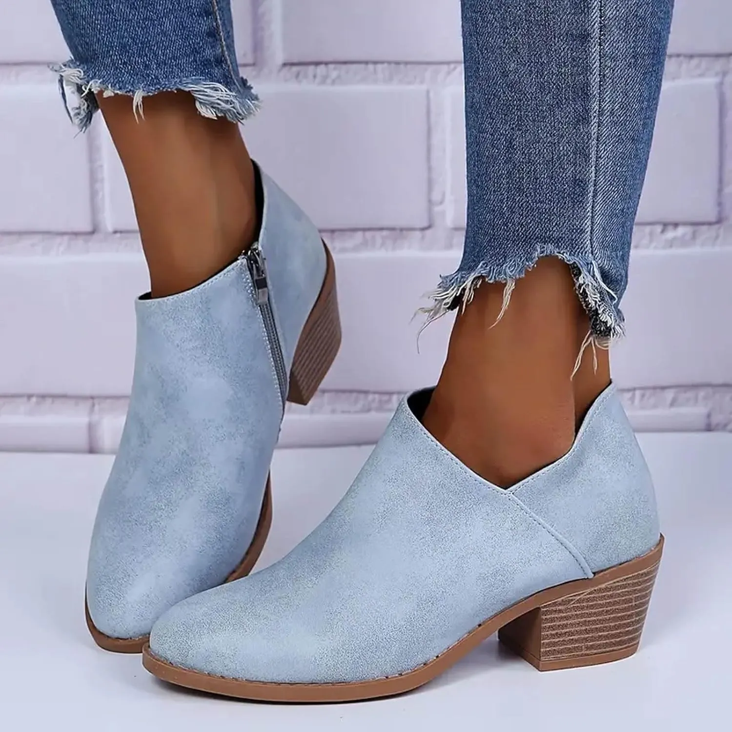 Cowboy Boots for Women Waterproof Slip On Pointed Toe Women's Ankle Rain Boots Chunky Heel Zipper Boot Bootie