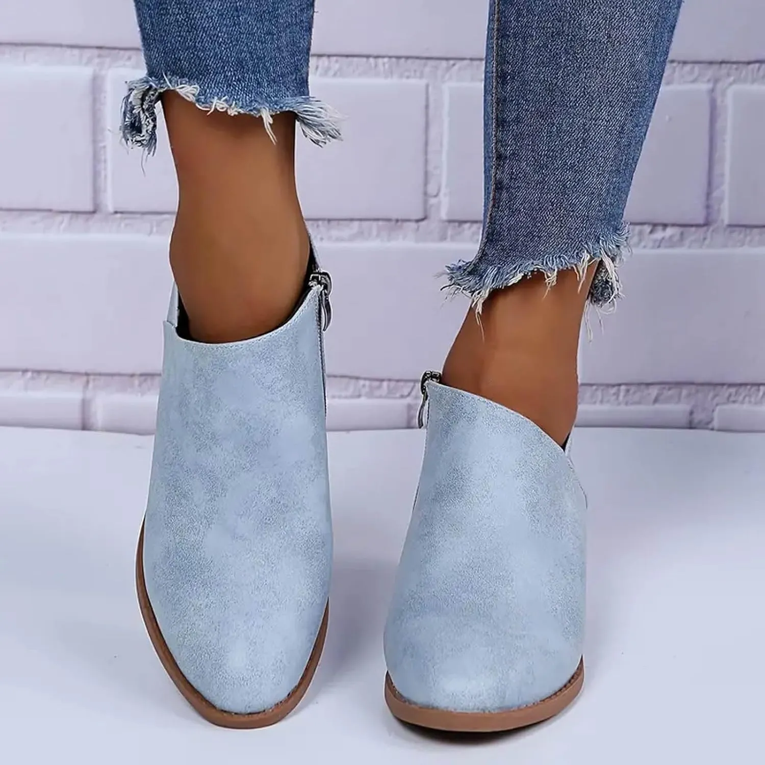 Cowboy Boots for Women Waterproof Slip On Pointed Toe Women's Ankle Rain Boots Chunky Heel Zipper Boot Bootie