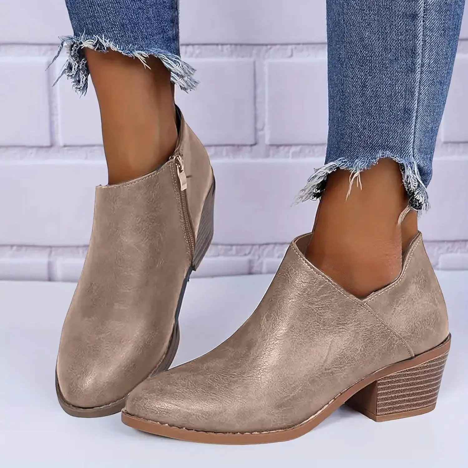Cowboy Boots for Women Waterproof Slip On Pointed Toe Women's Ankle Rain Boots Chunky Heel Zipper Boot Bootie