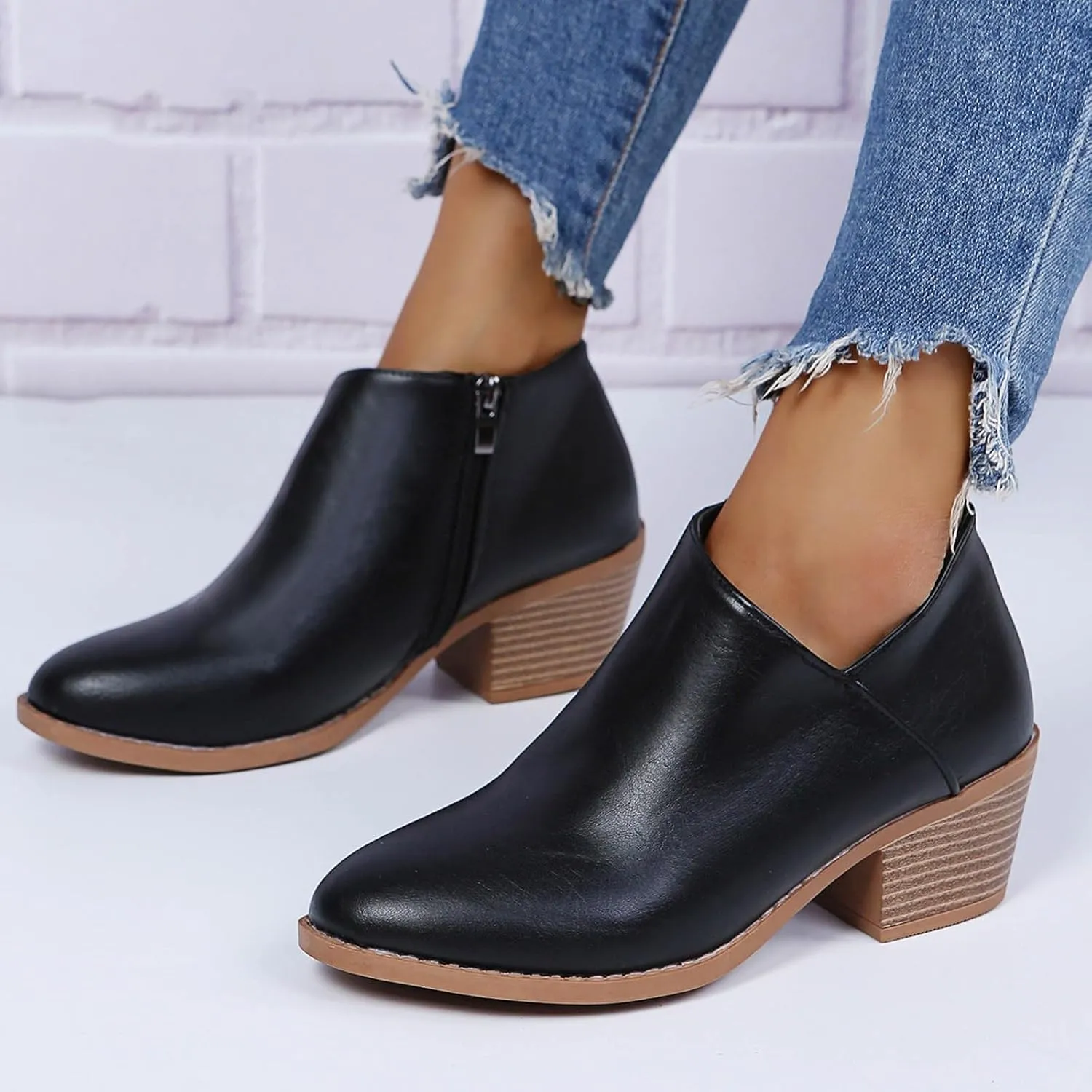 Cowboy Boots for Women Waterproof Slip On Pointed Toe Women's Ankle Rain Boots Chunky Heel Zipper Boot Bootie