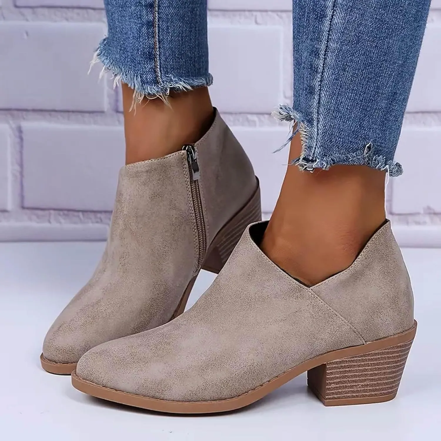 Cowboy Boots for Women Waterproof Slip On Pointed Toe Women's Ankle Rain Boots Chunky Heel Zipper Boot Bootie