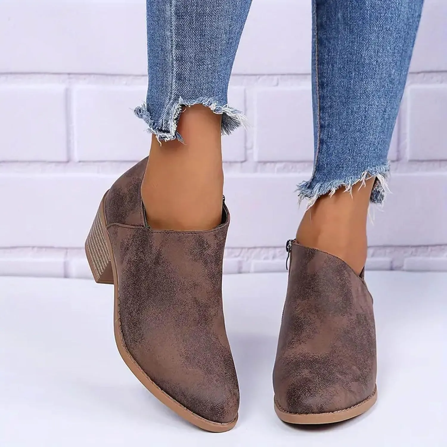 Cowboy Boots for Women Waterproof Slip On Pointed Toe Women's Ankle Rain Boots Chunky Heel Zipper Boot Bootie