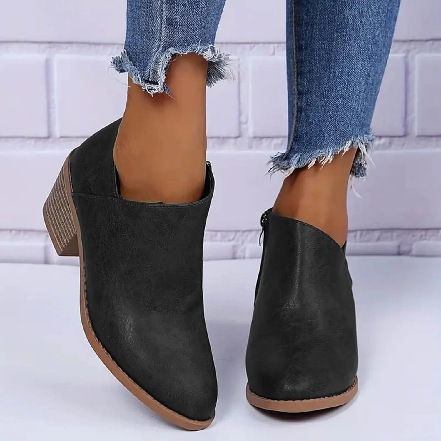 Cowboy Boots for Women Waterproof Slip On Pointed Toe Women's Ankle Rain Boots Chunky Heel Zipper Boot Bootie