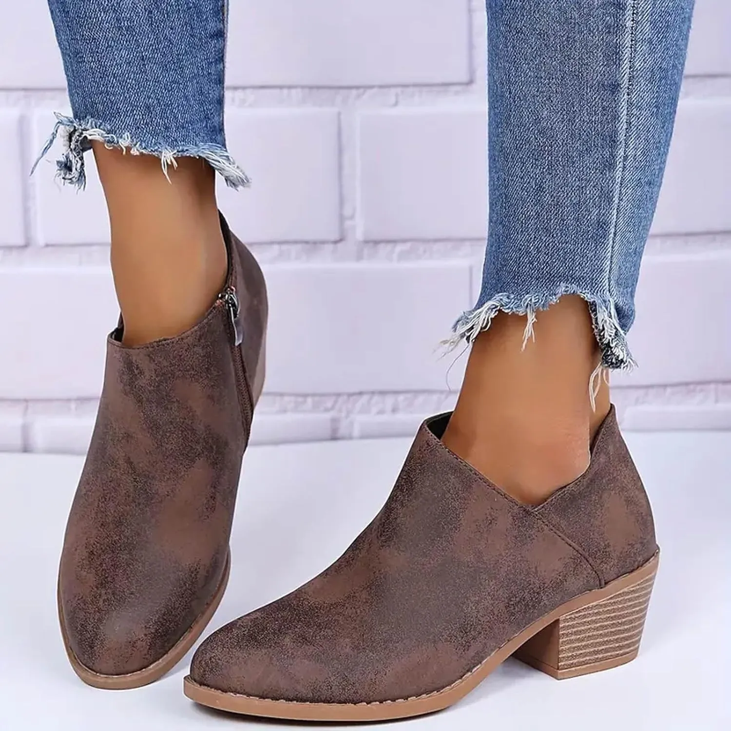 Cowboy Boots for Women Waterproof Slip On Pointed Toe Women's Ankle Rain Boots Chunky Heel Zipper Boot Bootie