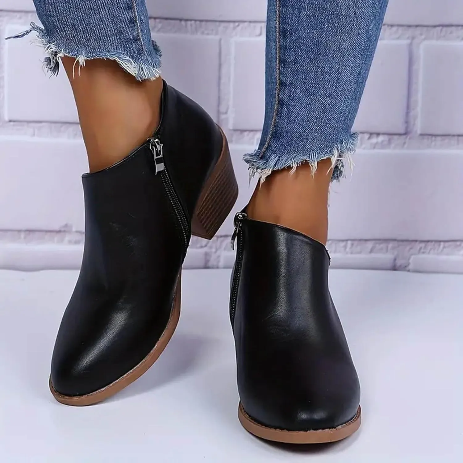 Cowboy Boots for Women Waterproof Slip On Pointed Toe Women's Ankle Rain Boots Chunky Heel Zipper Boot Bootie