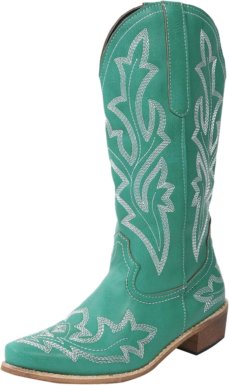 Cowgirl Boots Mid Calf Women's Cowboy Boots Mid Calf with Embroidery Cowgirl Boots Chunky Heel Western Boots Pull On