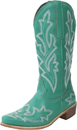 Cowgirl Boots Mid Calf Women's Cowboy Boots Mid Calf with Embroidery Cowgirl Boots Chunky Heel Western Boots Pull On