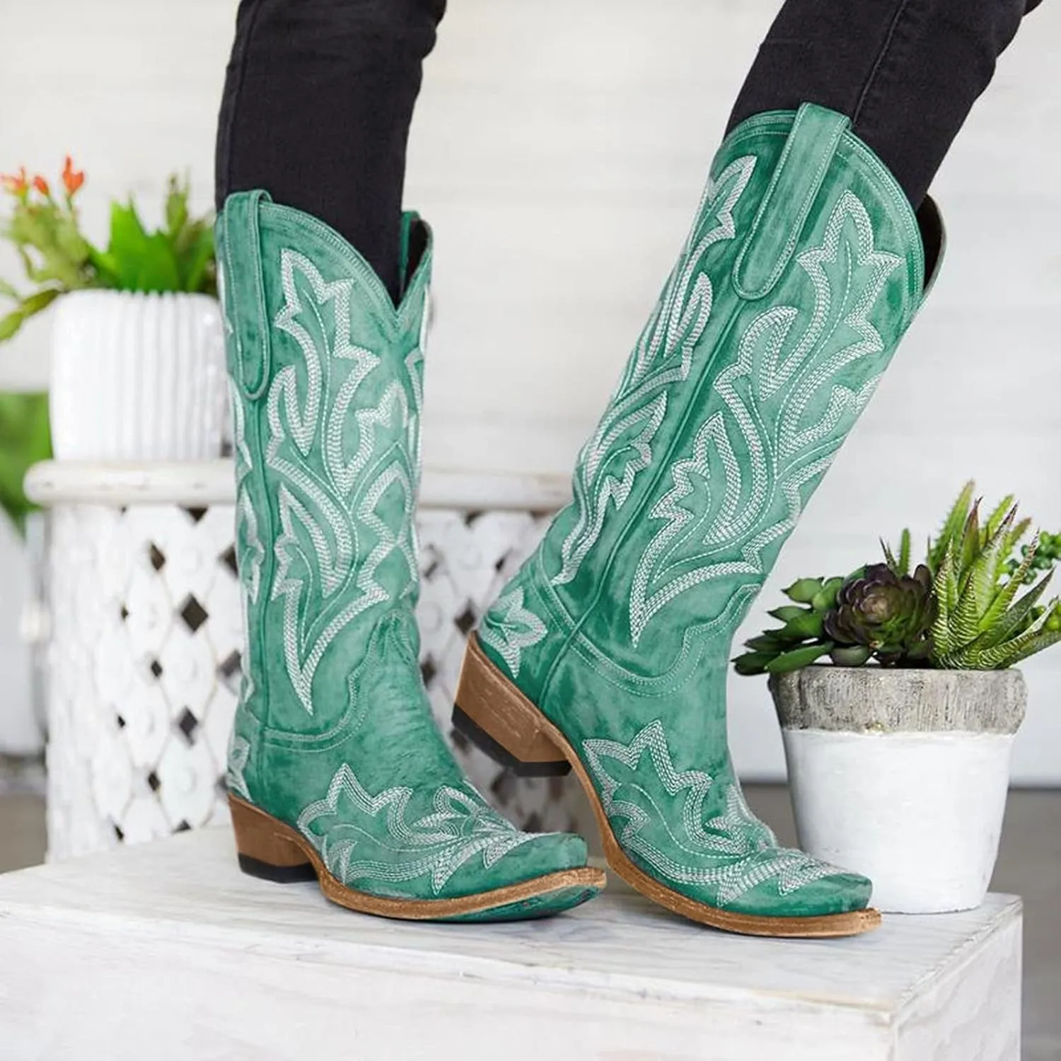 Cowgirl Boots Mid Calf Women's Cowboy Boots Mid Calf with Embroidery Cowgirl Boots Chunky Heel Western Boots Pull On