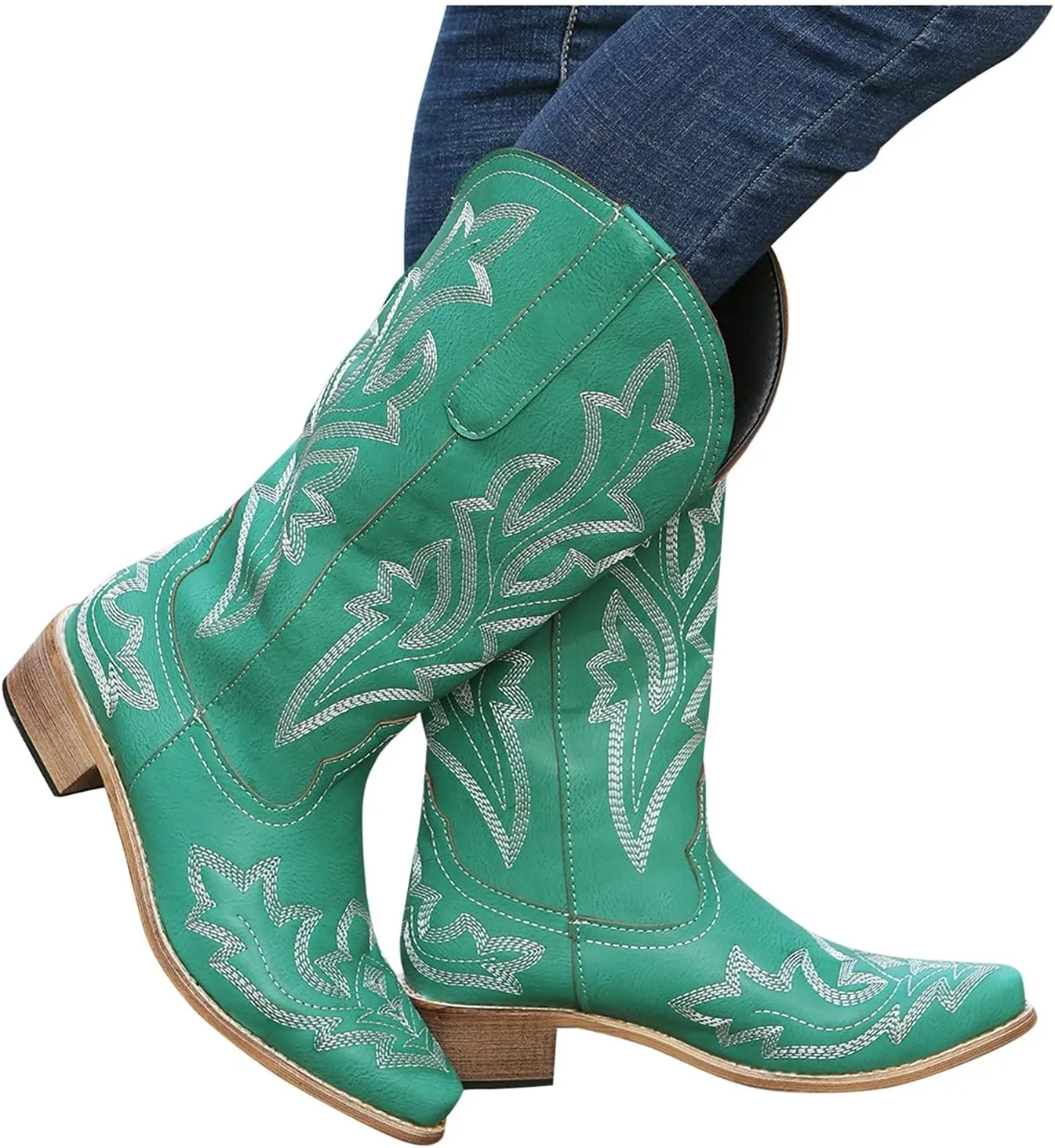 Cowgirl Boots Mid Calf Women's Cowboy Boots Mid Calf with Embroidery Cowgirl Boots Chunky Heel Western Boots Pull On