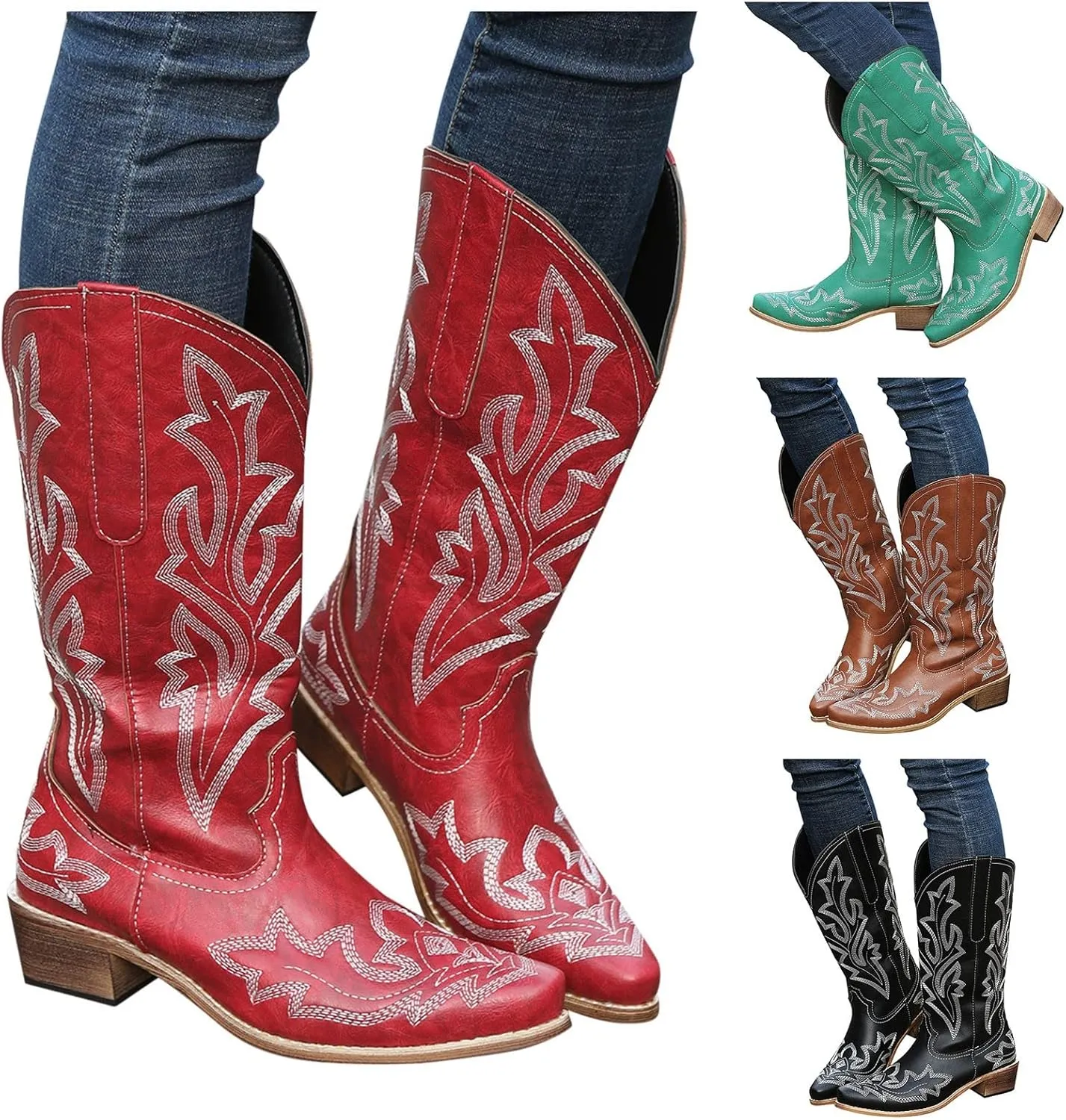 Cowgirl Boots Mid Calf Women's Cowboy Boots Mid Calf with Embroidery Cowgirl Boots Chunky Heel Western Boots Pull On