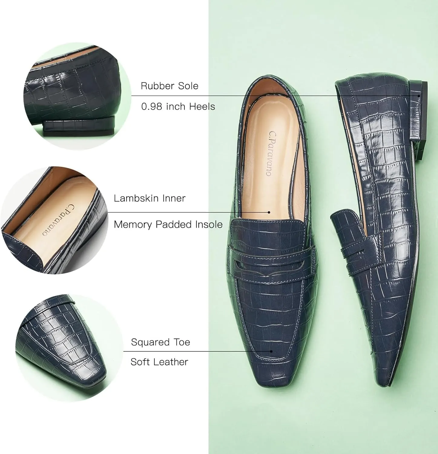 C.Paravano Penny Loafers for Women, Crocodile-Embossed Slip-ons Comfortable Dressy Formal Dress Square Toe Flats Loafer Shoes for Business Casual Wear