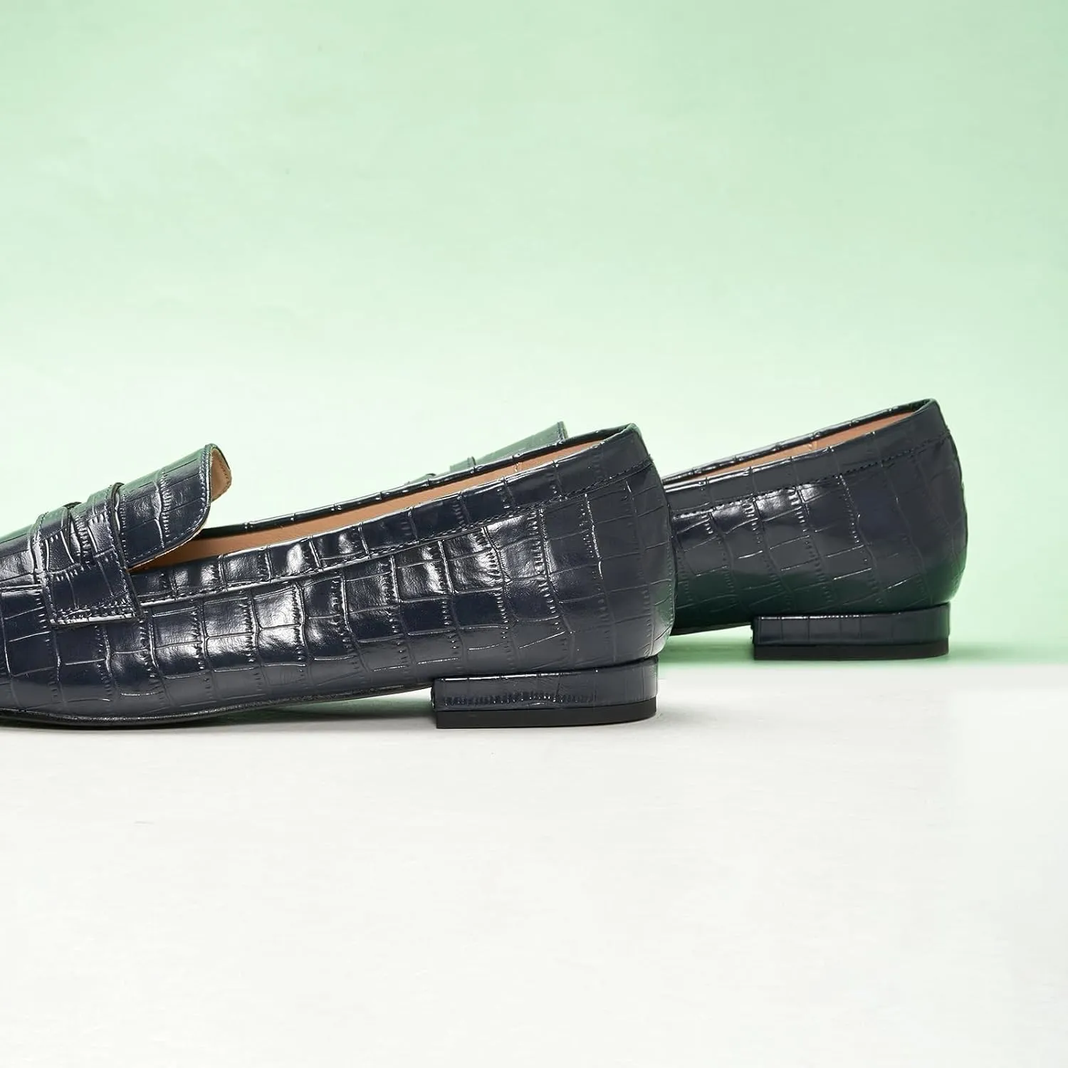 C.Paravano Penny Loafers for Women, Crocodile-Embossed Slip-ons Comfortable Dressy Formal Dress Square Toe Flats Loafer Shoes for Business Casual Wear