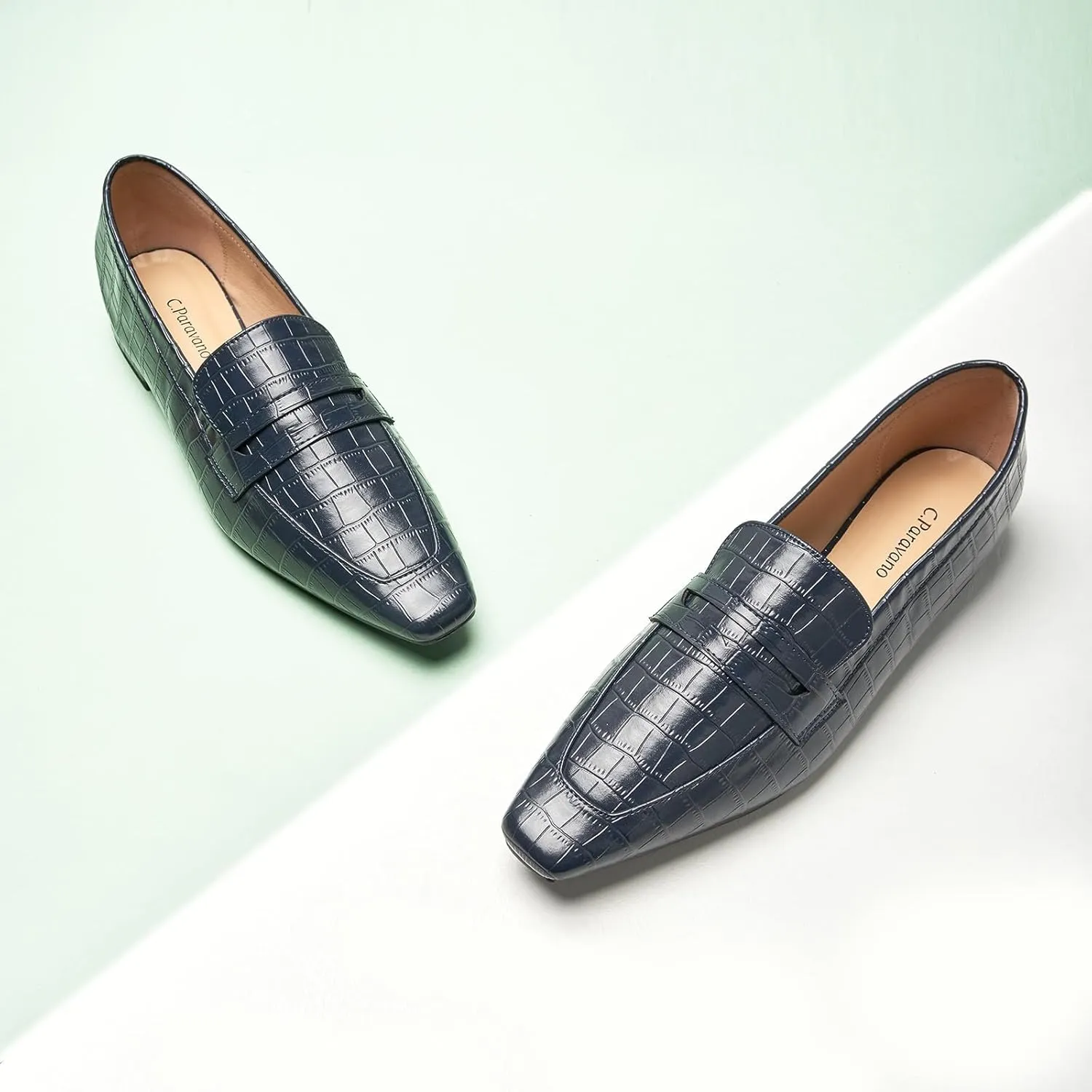 C.Paravano Penny Loafers for Women, Crocodile-Embossed Slip-ons Comfortable Dressy Formal Dress Square Toe Flats Loafer Shoes for Business Casual Wear