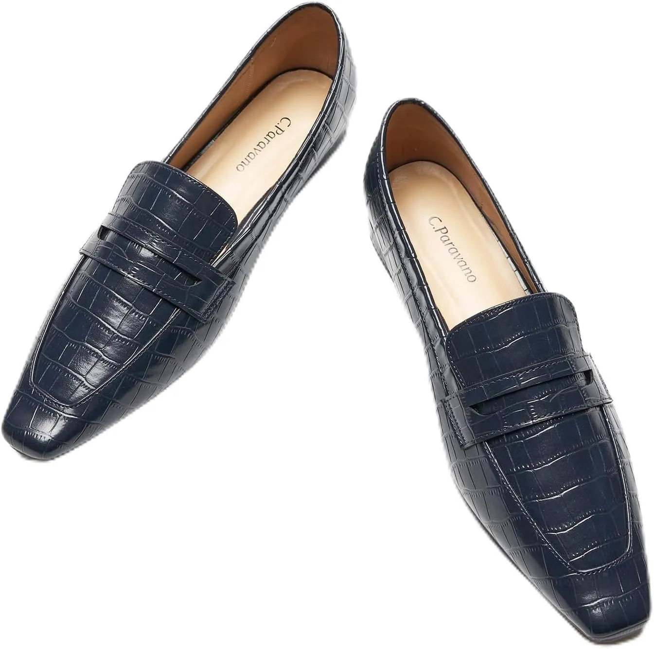 C.Paravano Penny Loafers for Women, Crocodile-Embossed Slip-ons Comfortable Dressy Formal Dress Square Toe Flats Loafer Shoes for Business Casual Wear