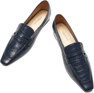 C.Paravano Penny Loafers for Women, Crocodile-Embossed Slip-ons Comfortable Dressy Formal Dress Square Toe Flats Loafer Shoes for Business Casual Wear