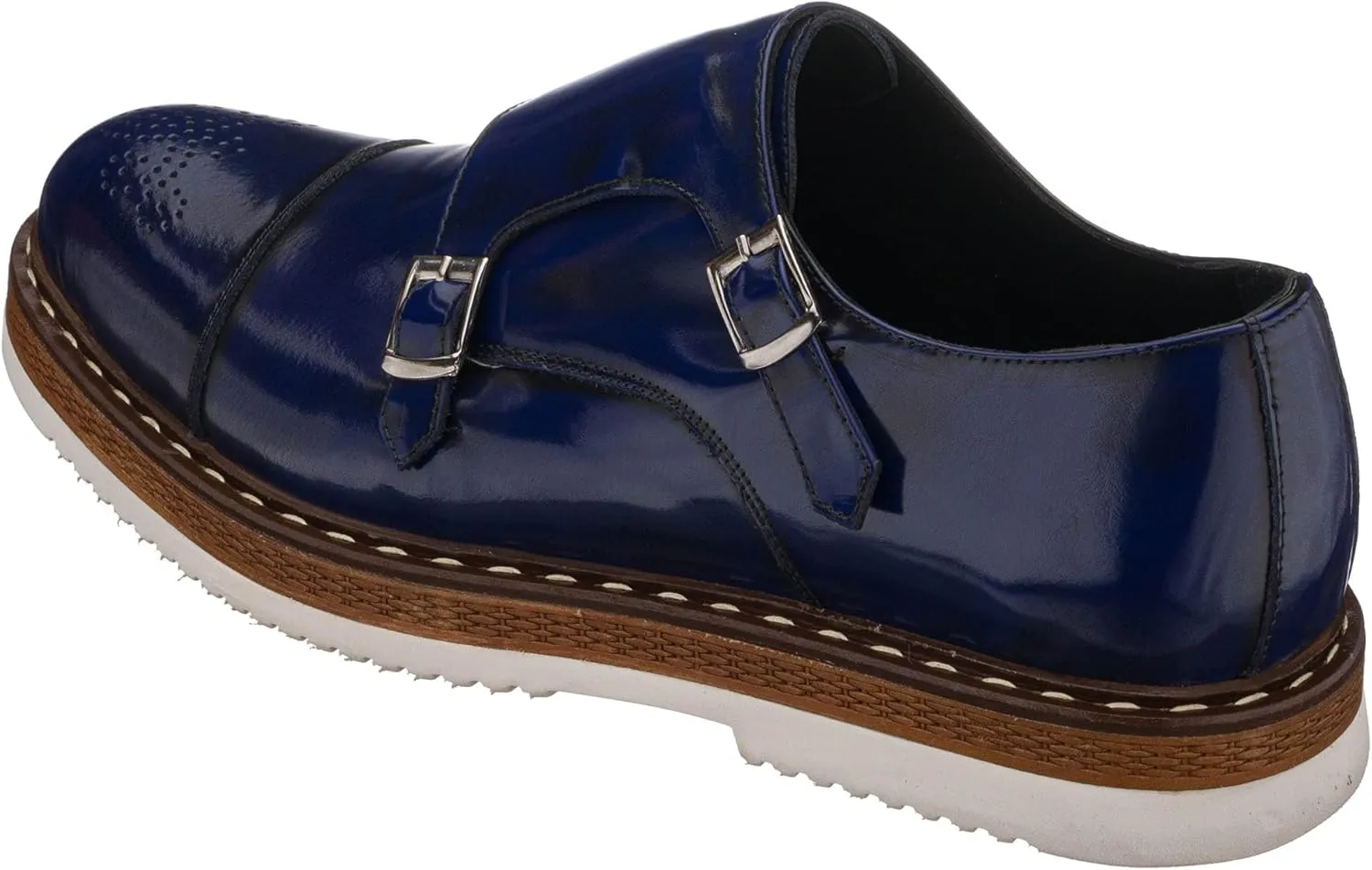 DALGALA Men's Navy Blue Leather Handcrafted Double Monk Strap Loafer Shoes Slip on Eva Sole Lightweight Casual Shoes