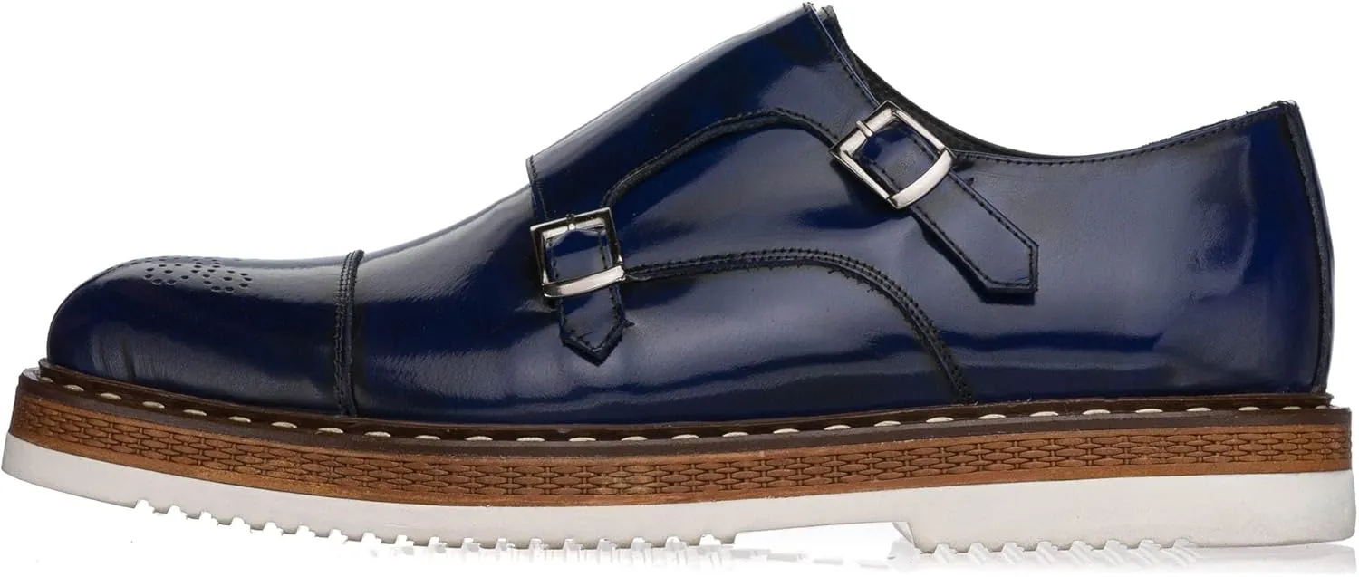 DALGALA Men's Navy Blue Leather Handcrafted Double Monk Strap Loafer Shoes Slip on Eva Sole Lightweight Casual Shoes