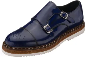 DALGALA Men's Navy Blue Leather Handcrafted Double Monk Strap Loafer Shoes Slip on Eva Sole Lightweight Casual Shoes