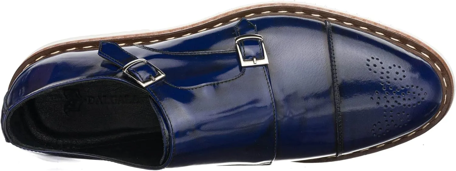 DALGALA Men's Navy Blue Leather Handcrafted Double Monk Strap Loafer Shoes Slip on Eva Sole Lightweight Casual Shoes