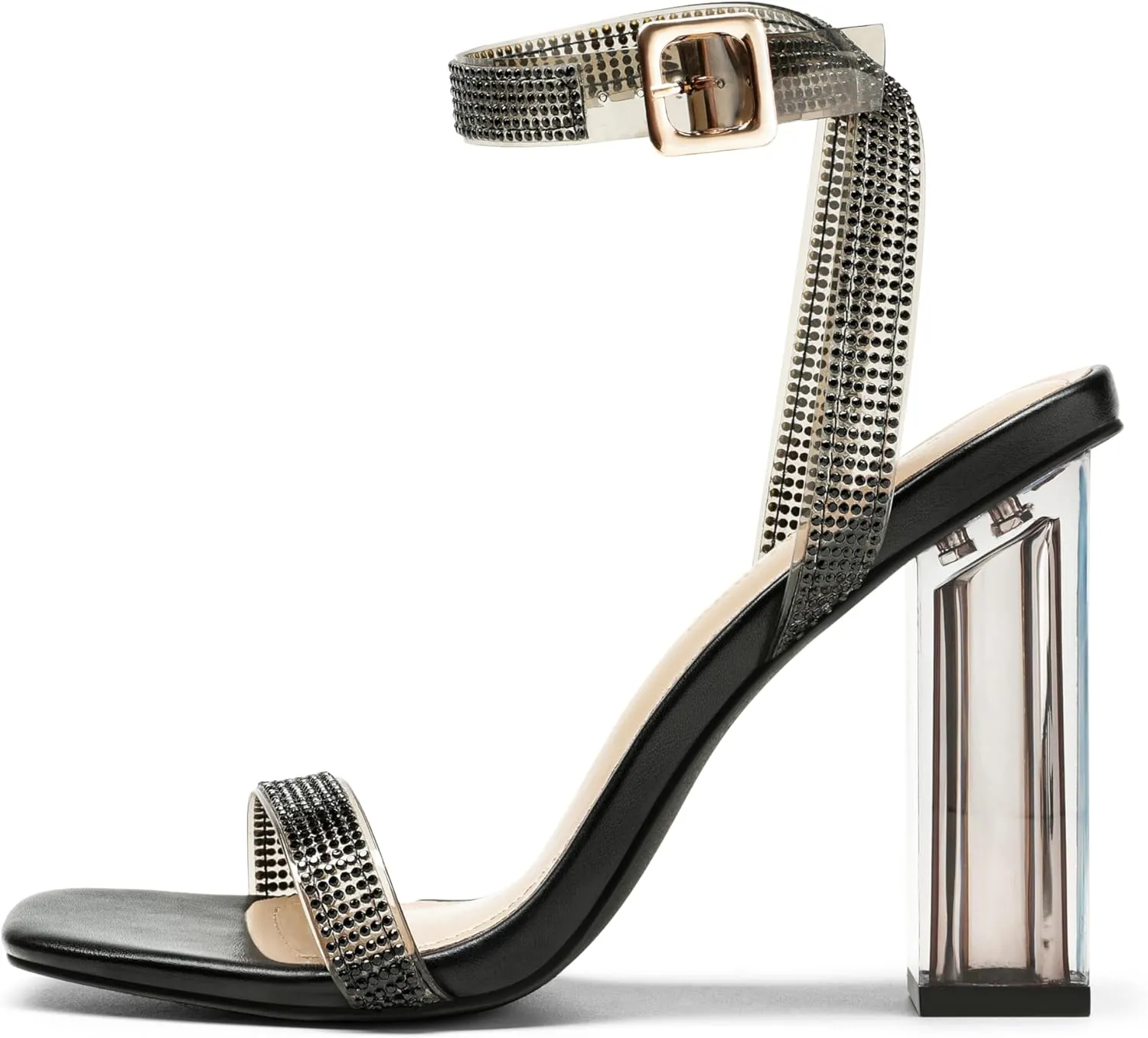 DREAM PAIRS Women's Chunky Clear High Heels Sandals, Rhinestone Ankle Strap Open Square Toe Block Heels Cute Sparkly Heels