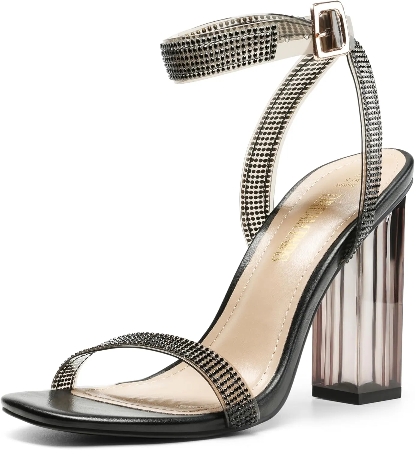 DREAM PAIRS Women's Chunky Clear High Heels Sandals, Rhinestone Ankle Strap Open Square Toe Block Heels Cute Sparkly Heels