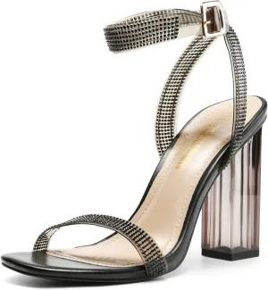 DREAM PAIRS Women's Chunky Clear High Heels Sandals, Rhinestone Ankle Strap Open Square Toe Block Heels Cute Sparkly Heels