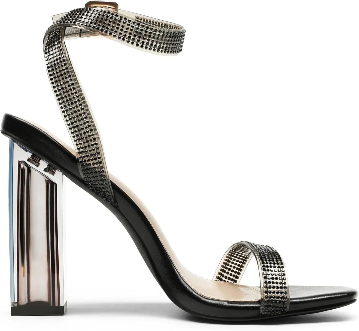 DREAM PAIRS Women's Chunky Clear High Heels Sandals, Rhinestone Ankle Strap Open Square Toe Block Heels Cute Sparkly Heels